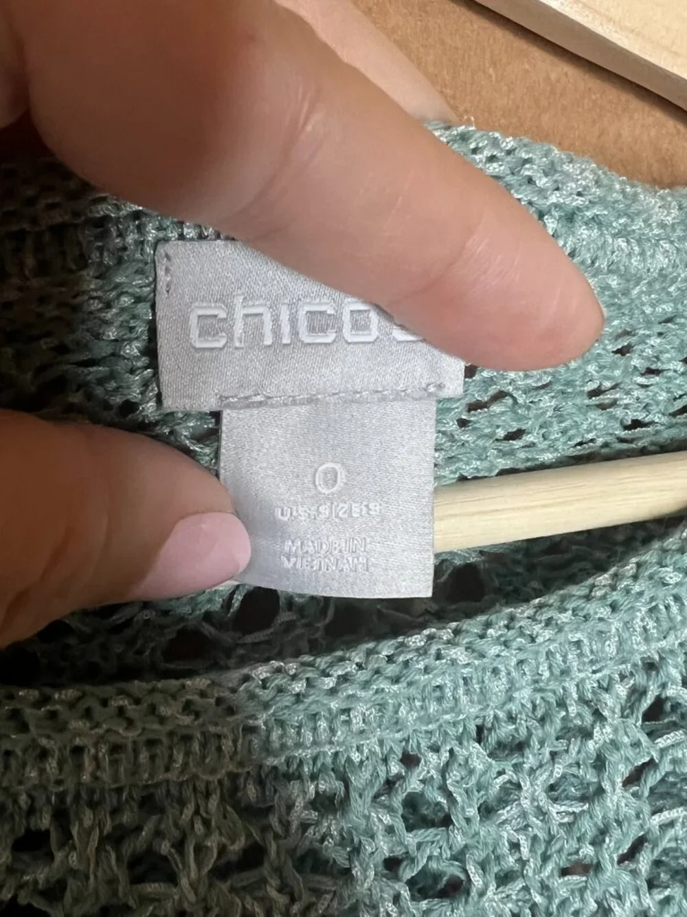Chico's Light Teal Crochet Knit Sweater | Size 0 (Medium) | Cotton Blend | Boho